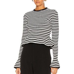 Max Mara Jerzu Sweater black white striped puff sleeve peplum medium classic